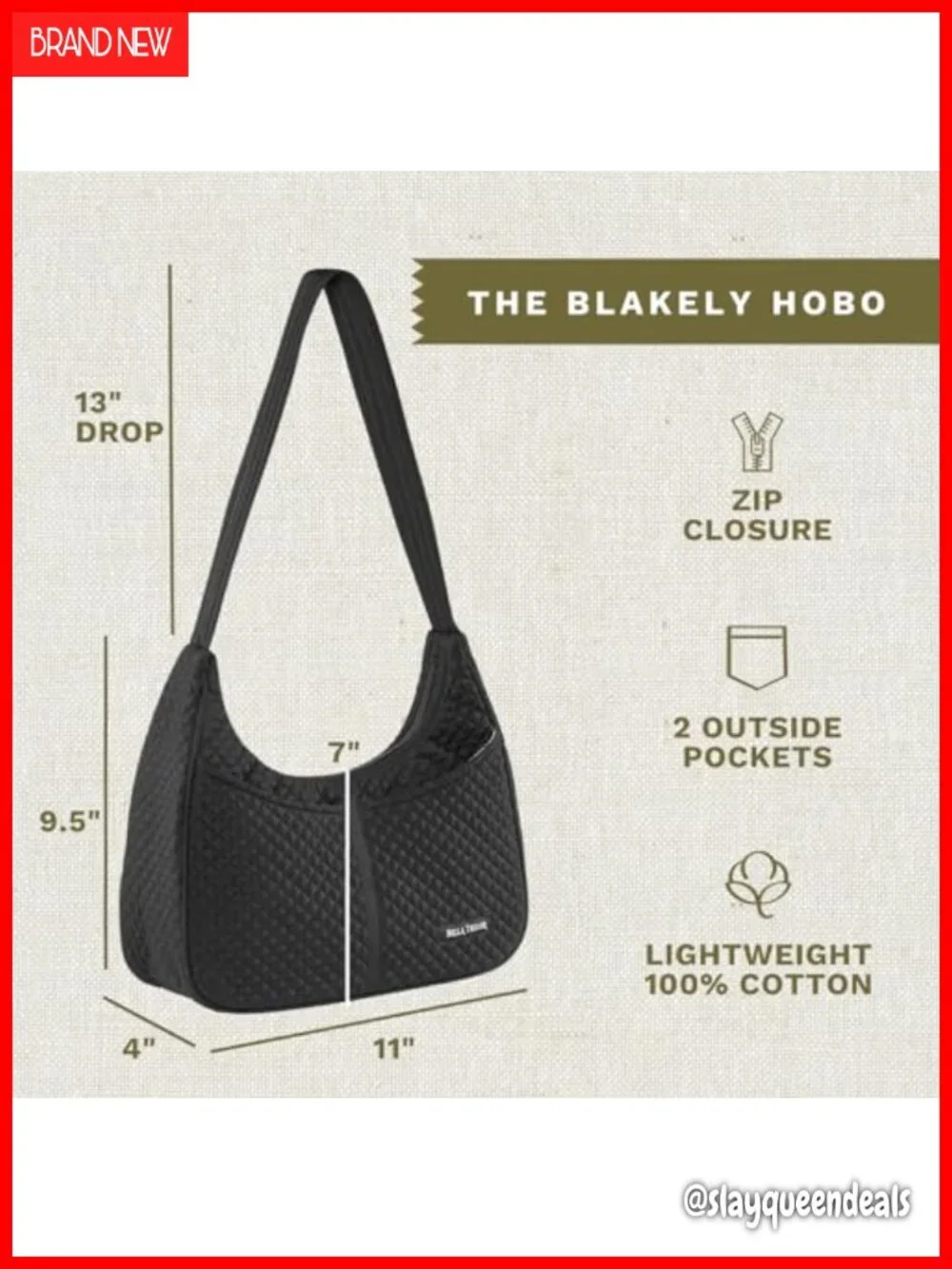 Quilted Hobo Shoulder Bag with Multiple Pockets, Lightweight